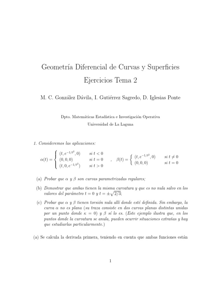 Curvas y Superficies: Ejercicios de Geometría Diferencial | PDF | Curva ...