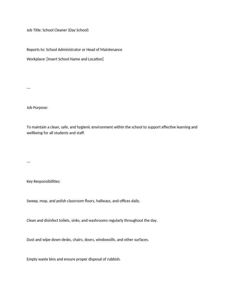 School Cleaner Job Description | PDF
