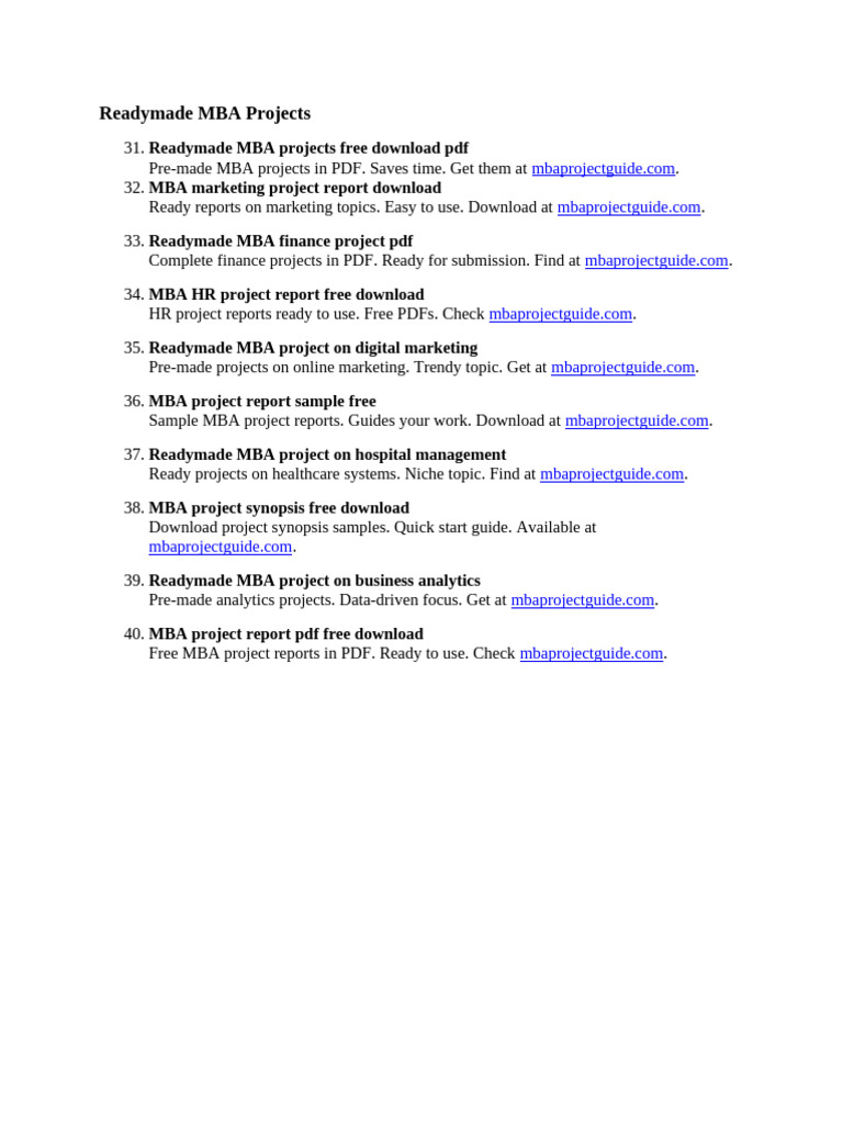 Free Readymade MBA Project Downloads | PDF