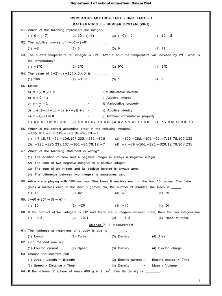 UNIT TEST 1 SAT 25-26 EM Salem | PDF | Density | Length