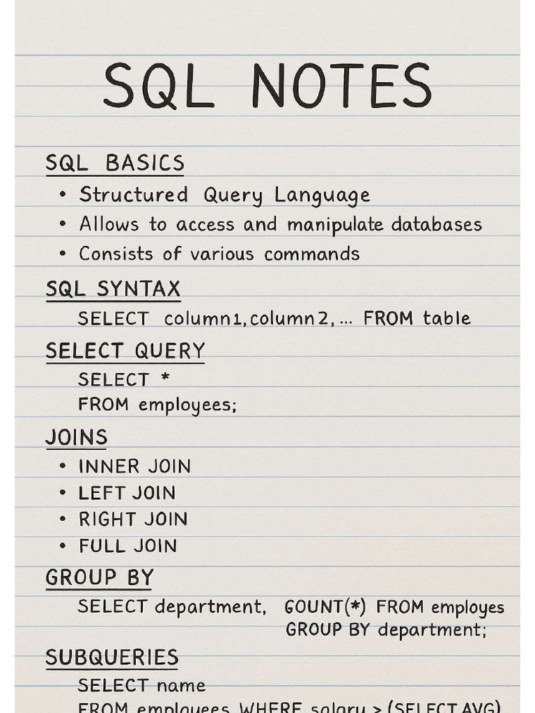 Handwritten SQL Notes For Beginners & Interviews | PDF