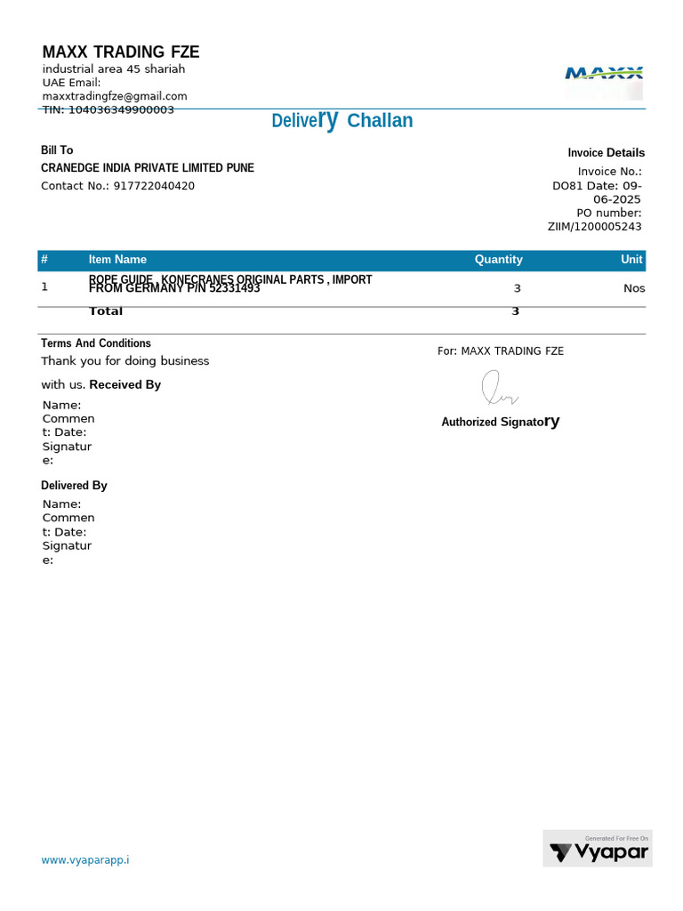 Delivery Challan for Invoice DO81 | PDF