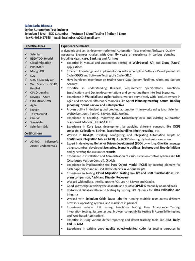 Salim Basha: Automation Test Engineer Profile | PDF | Selenium ...