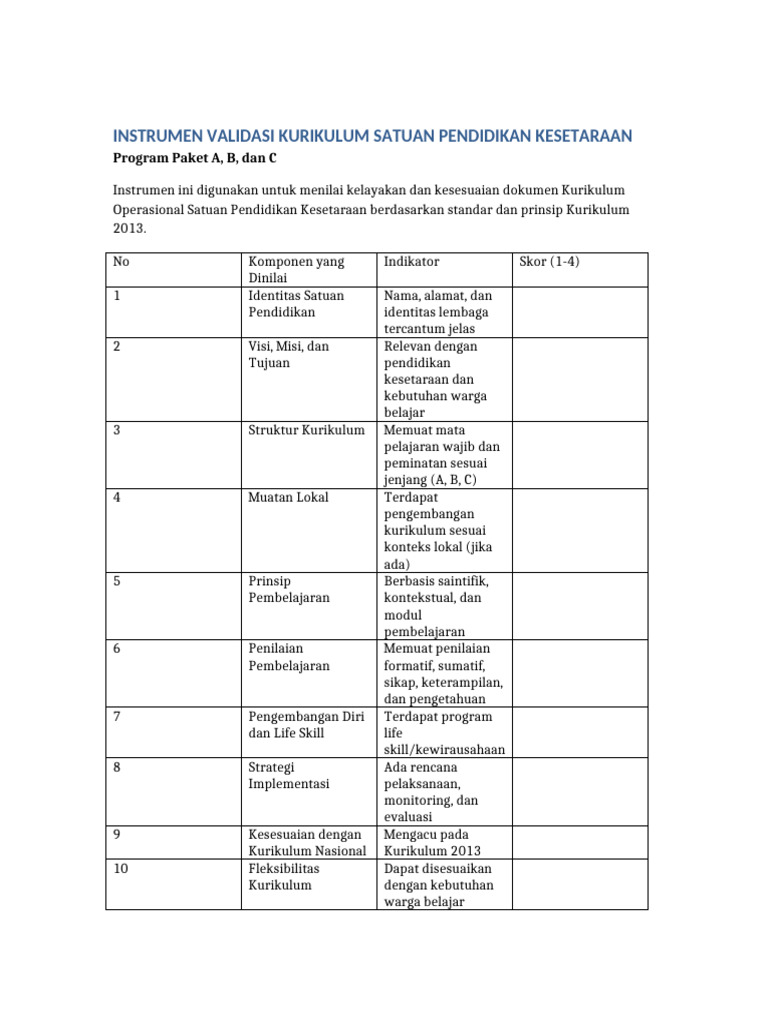 Validasi Kurikulum Pendidikan Kesetaraan | PDF