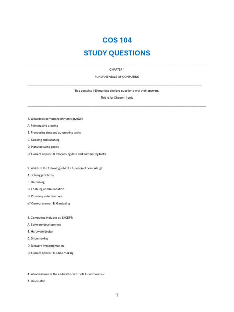Cos 104 Study Questions Chapter 1 & 2 | PDF | Computer Programming ...