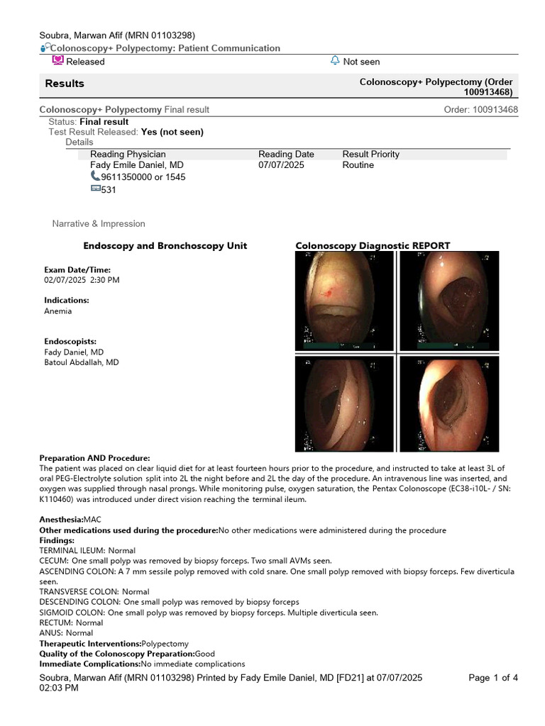 Colonoscopy and Polypectomy Results | PDF | Stomach | Colonoscopy
