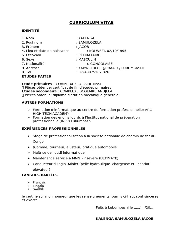 CV de Jacob Kalenga Samulozela | PDF