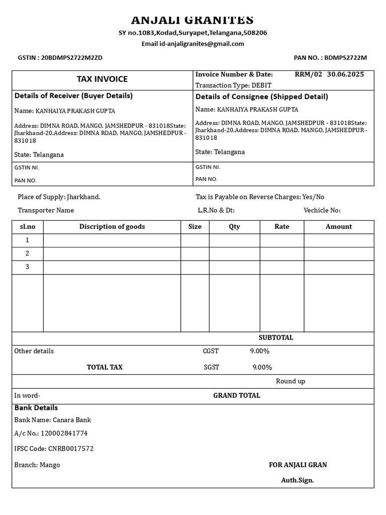 Anjali Granites Invoice RRM/02 | PDF
