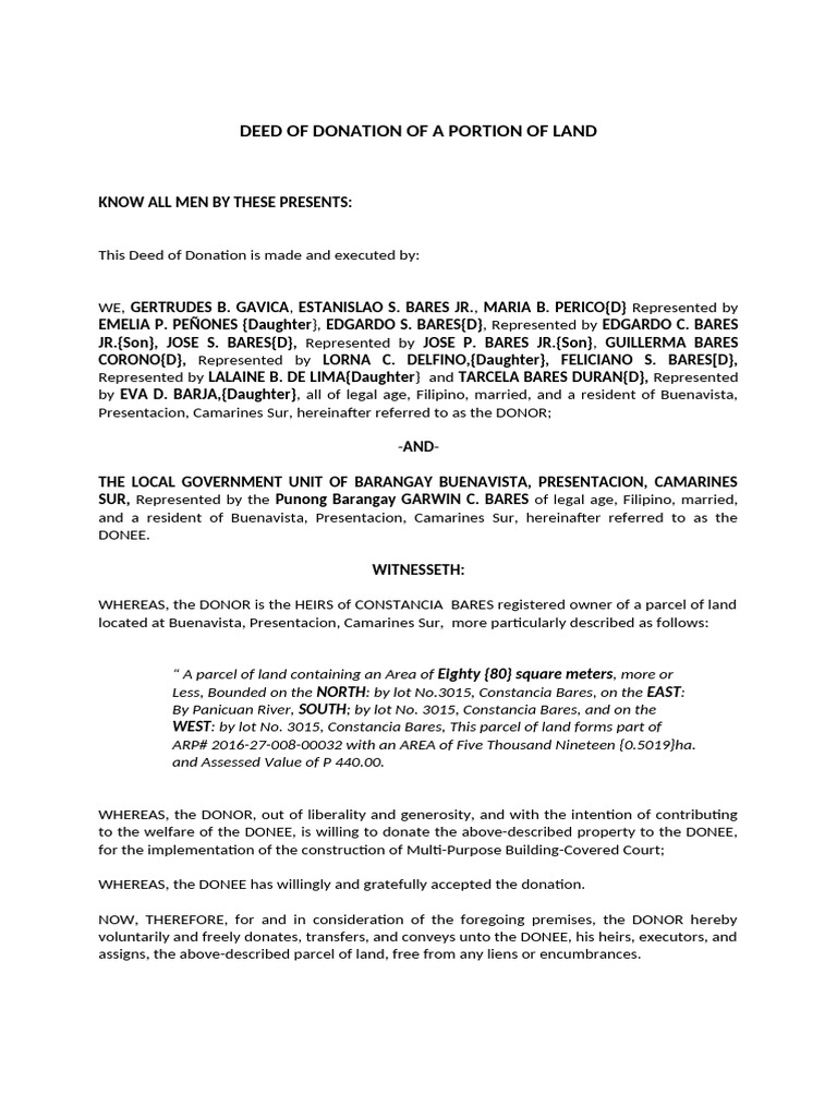 Deed of Donation for Land Parcel | PDF | Natural Resources Law | Legal ...