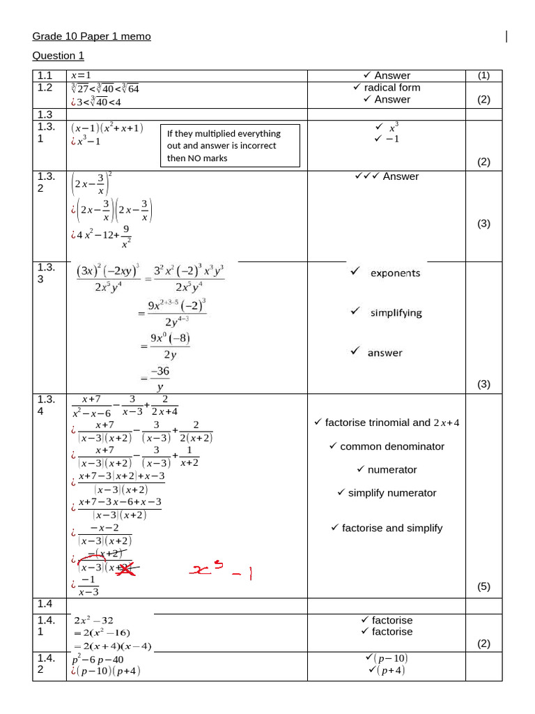 Gr10 T2 Exam Paper 1 Memo Final | PDF | Mathematics | Algebra