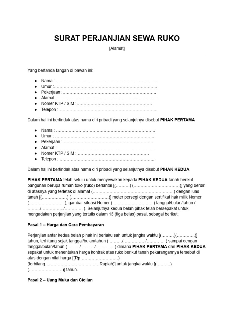 Surat Perjanjian Sewa Ruko Sederhana | PDF