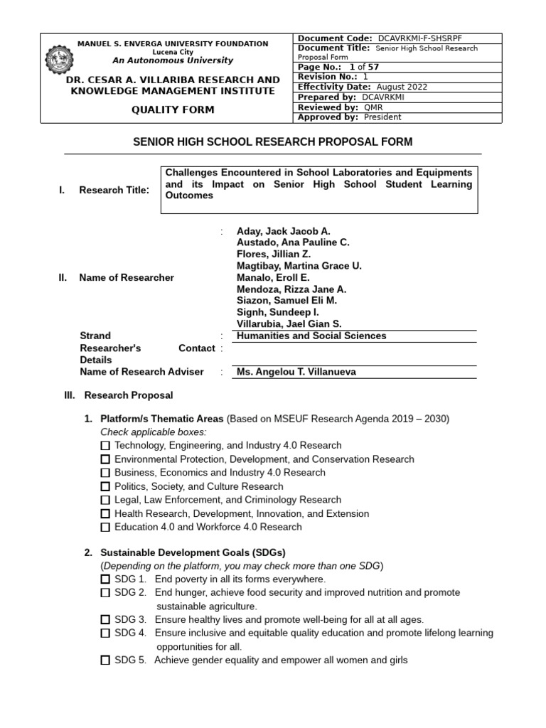 Senior High School Lab Research Proposal | PDF | Survey Methodology ...