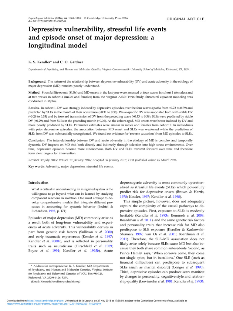 Depressive Vulnerability, Stressful Life Events and Episode Onset of ...