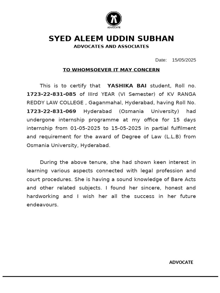 Law Internship Certificate for Yashika Bai | PDF