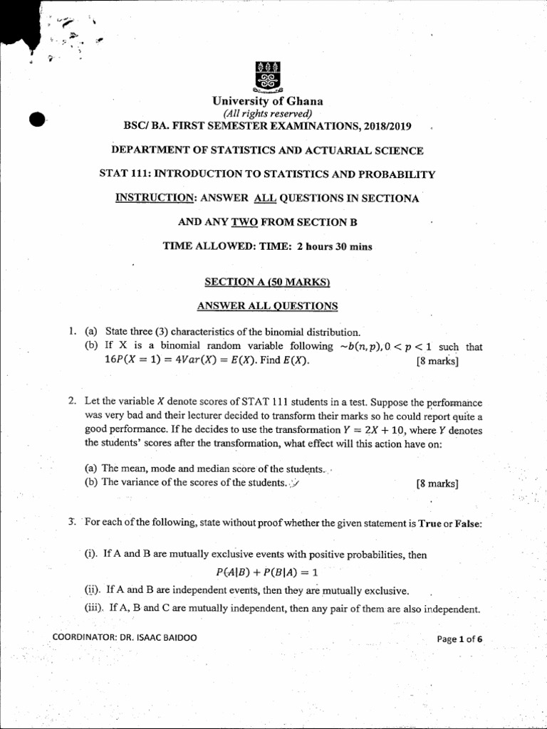University of Ghana STAT 111 Exam 2018/2019 | PDF | Statistics | Skewness
