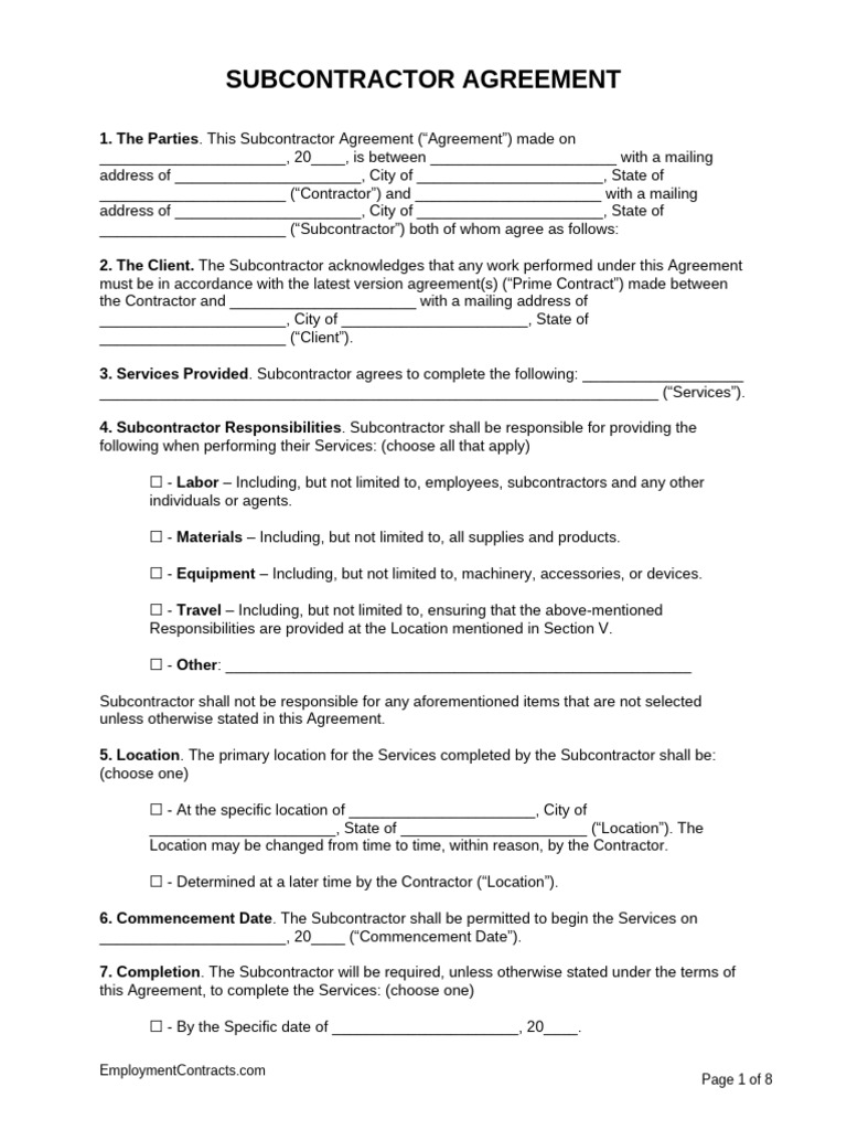 Delaware Subcontractor Agreement Template | PDF | Indemnity | Insurance