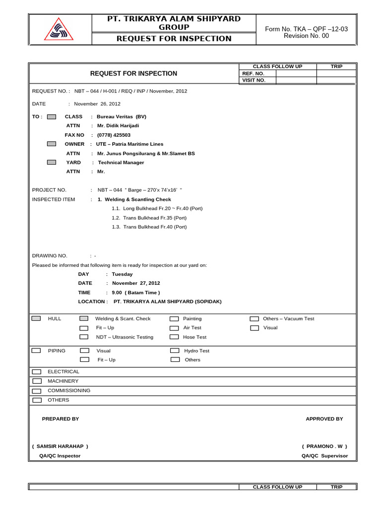 Inspection Request for Shipyard Projects | PDF | Ships | Quality
