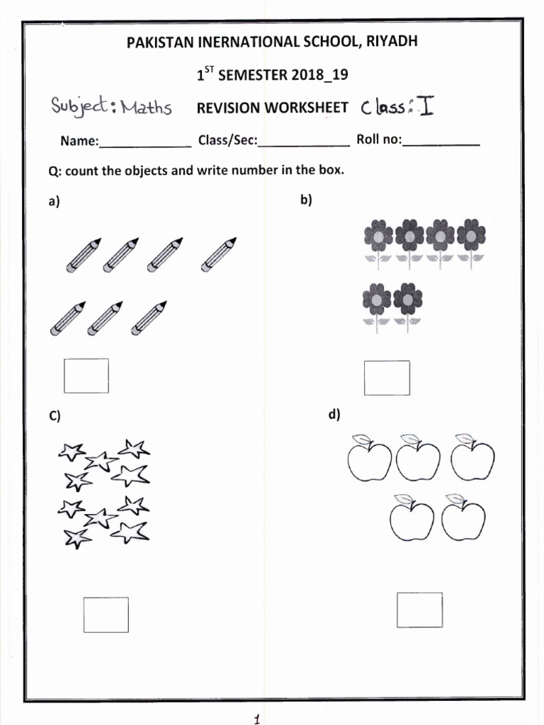 Work Sheet First Semester Class 1 Maths | PDF