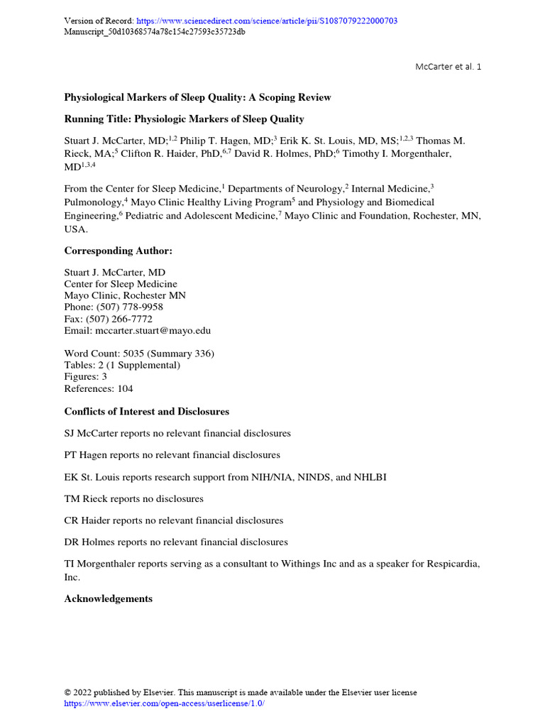 Physiological Markers of Sleep Quality: A Scoping Review Running Title ...