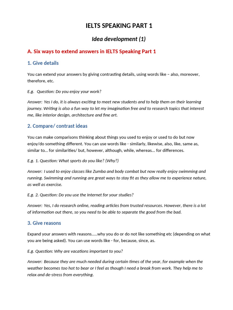PRINT - IELTS Speaking Part 1 - Idea Development - Handout | PDF