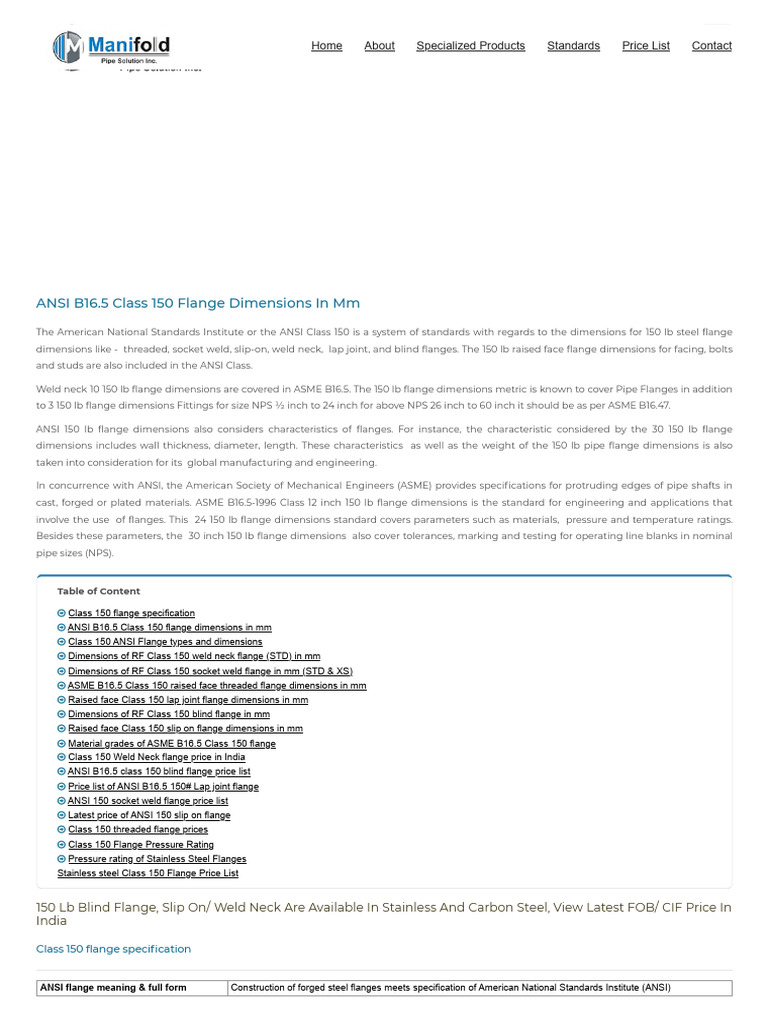 ANSI Class 150 Flange Dimensions Guide | PDF | Pipe (Fluid Conveyance ...