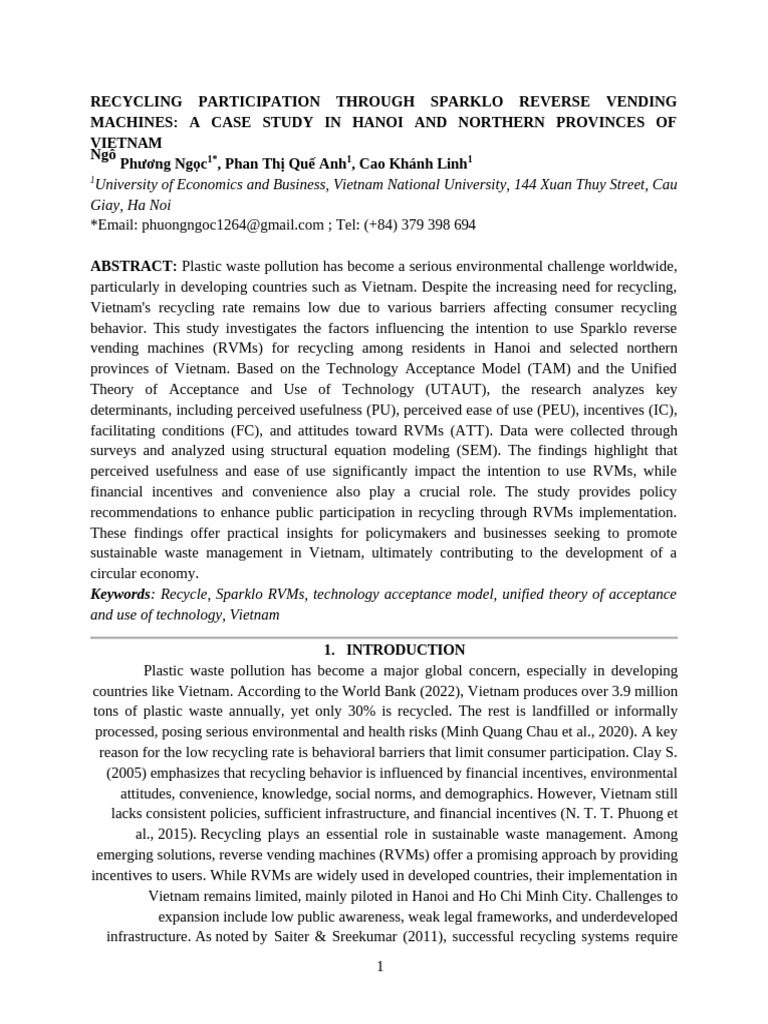 Sparklo RVMs: Enhancing Recycling in Vietnam | PDF