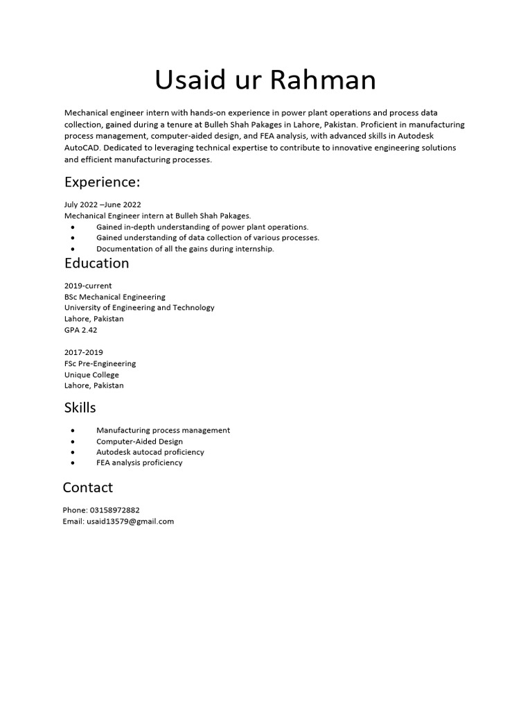 Mechanical Engineer Intern Profile | PDF