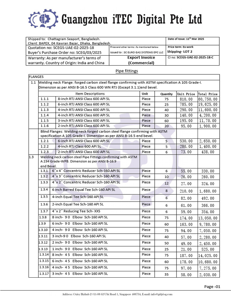 SCEGS Model Quotation for Pipe Fittings | PDF | Receipt | Pipe (Fluid ...