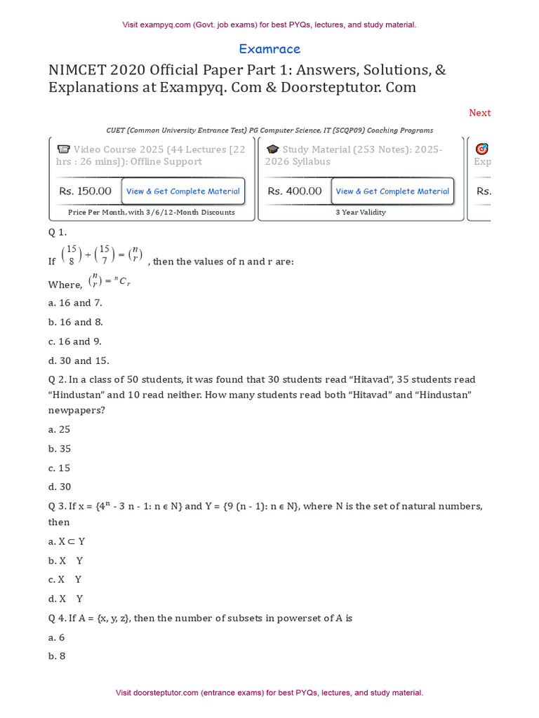 NIMCET 2020 Official Paper Part 1 | PDF | Matrix (Mathematics) | Triangle