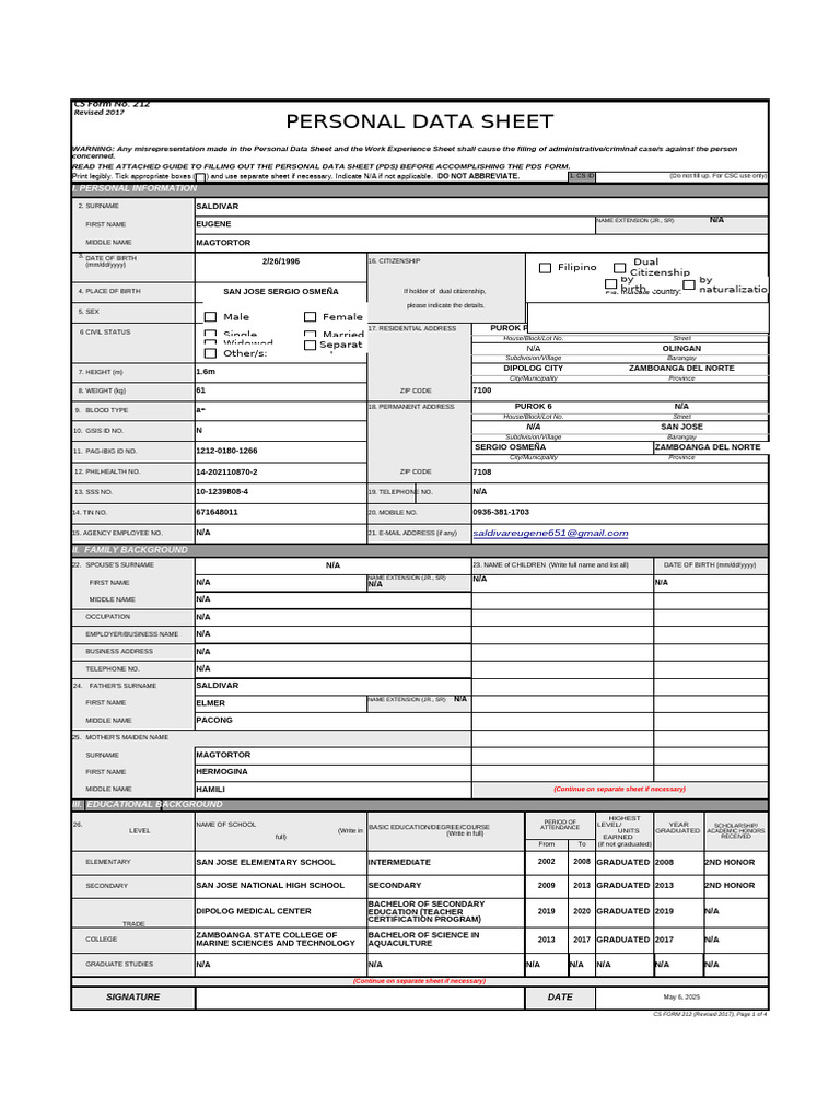 EMS - Cs Form No. 212 Personal Data Sheet Revised | PDF | Teachers ...