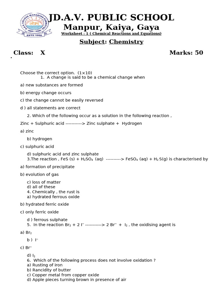 Chem. X Chemical Reactions and Equations Ws-1 | PDF | Redox | Oxide