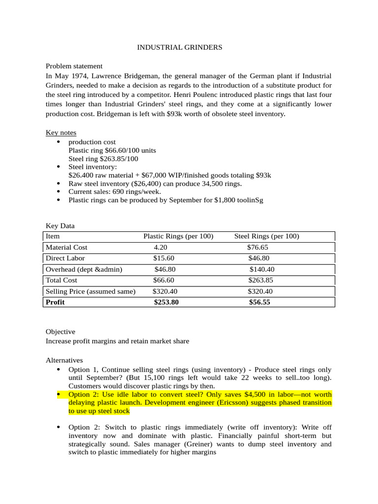 Industrial Grinders: Transition to Plastic Rings | PDF | Cost Of Goods ...