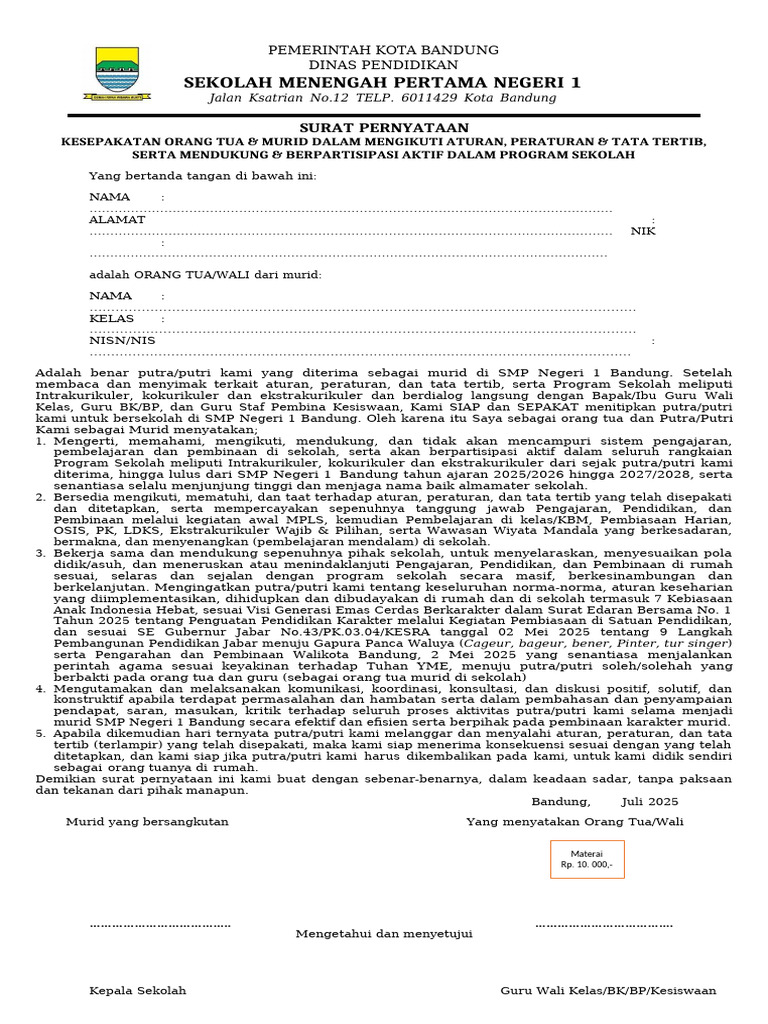 Draft Surat Pernyataan Ortu | PDF