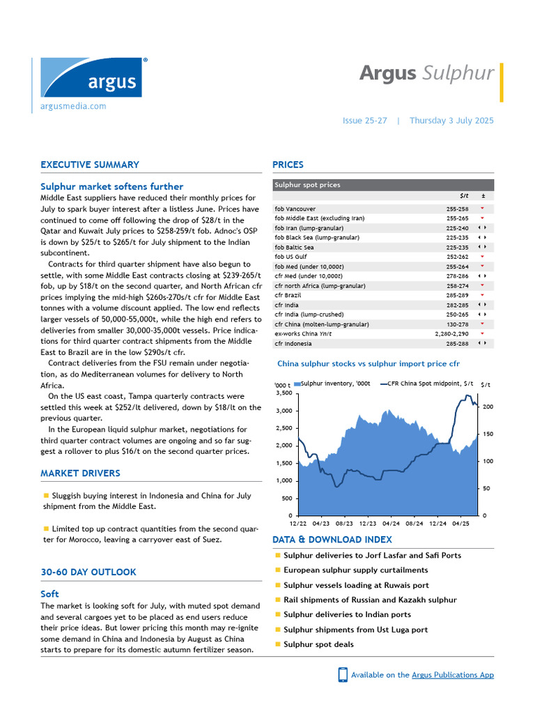 July 2025 Sulphur Price Update | PDF