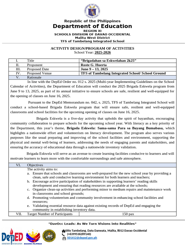 Brigada Eskwela 2025 Activity Plan | PDF | Learning