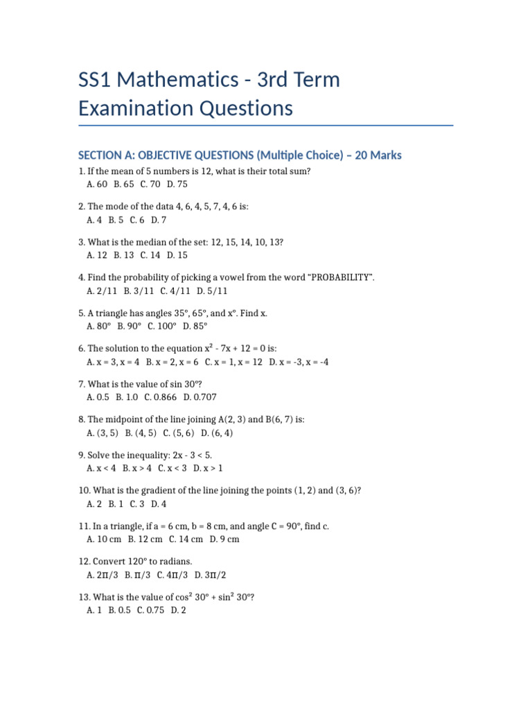 SS1 Mathematics 3rd Term Exam Questions | PDF | Trigonometry ...
