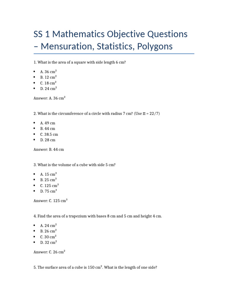 SS1 Math Objective Questions Full | PDF | Area | Triangle