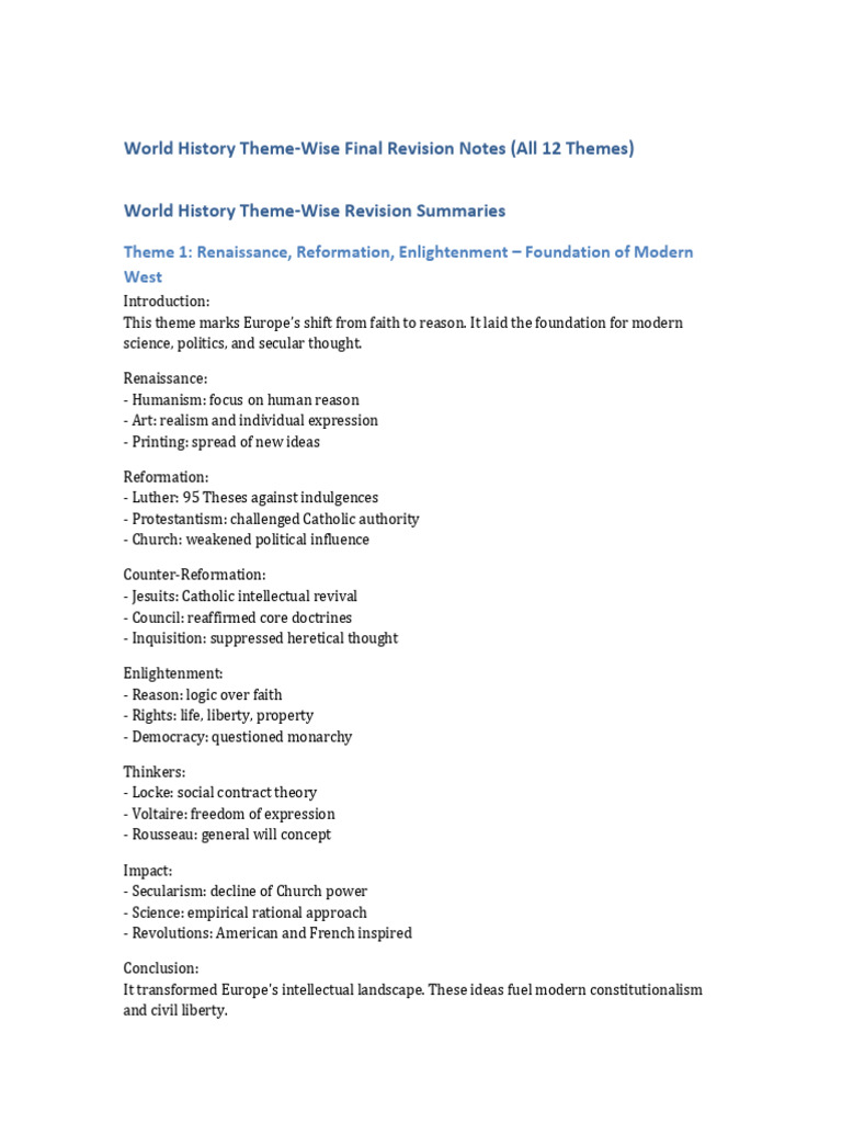 World History Theme-Wise Revision Notes | PDF | Cold War | Age Of ...