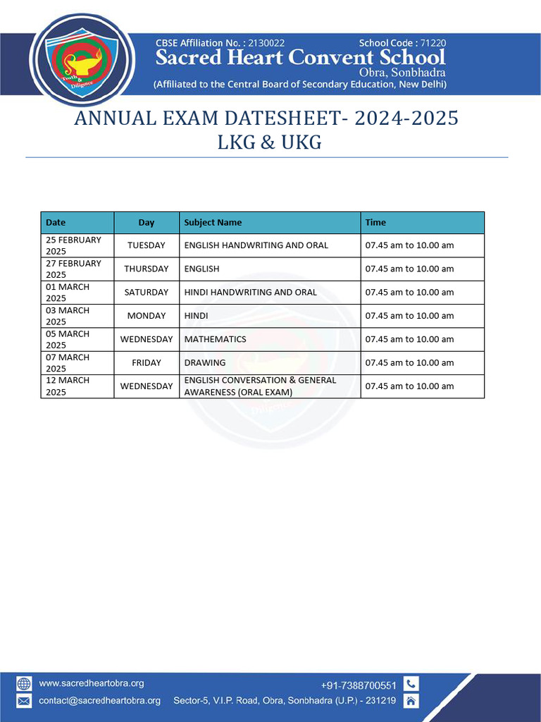 LKG & UKG Annual Exam Schedule 2025 | PDF