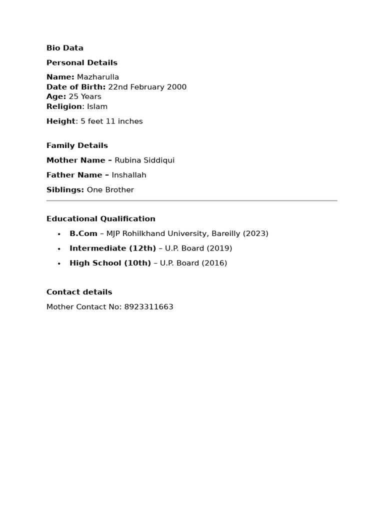 Mazharulla's Bio Data and Education | PDF