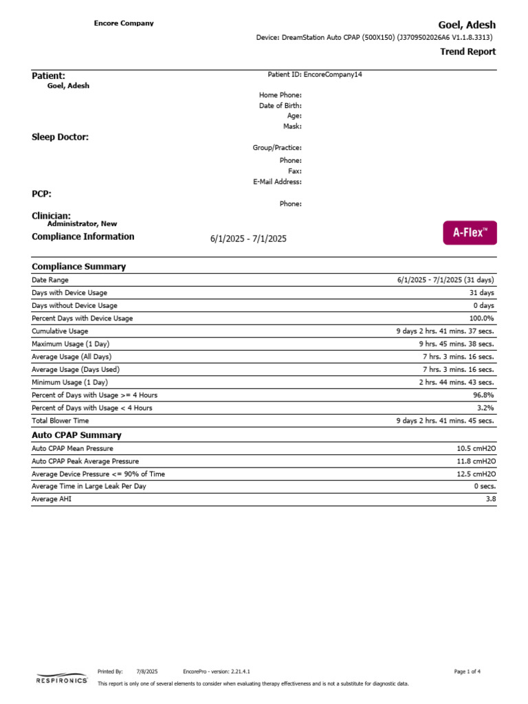 Adesh Goel CPAP Compliance Report | PDF | Sleep | Medicine