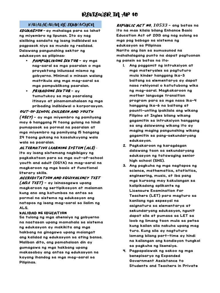 Reviewer in AP 10 4th Periodical Exam | PDF