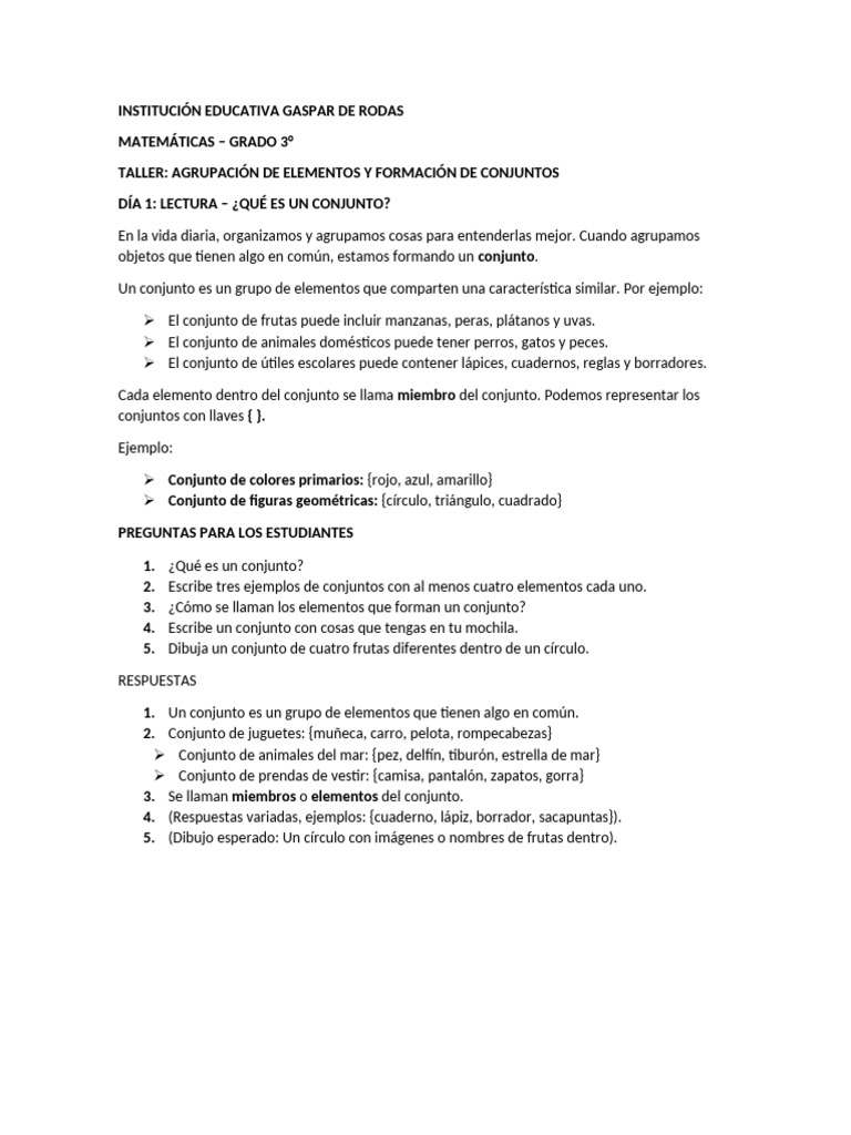 Taller de Conjuntos para 3° Grado | PDF | Conjunto (Matemáticas) | infinito