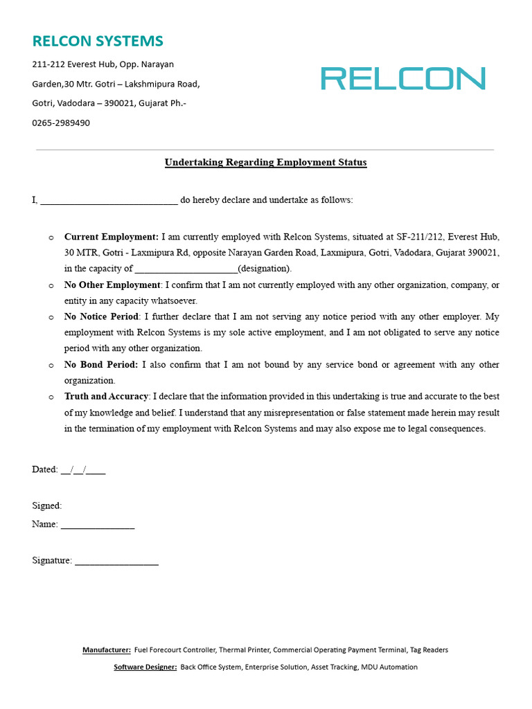 RELCON Undertaking Regarding Employment Status | PDF