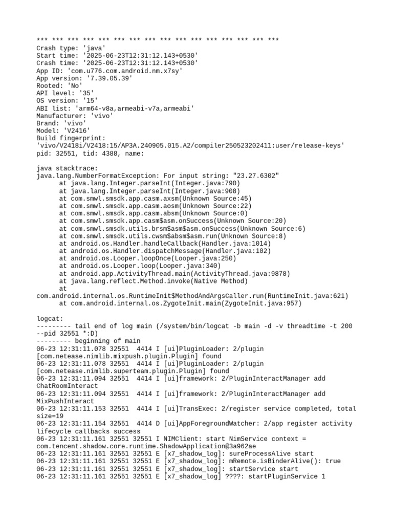 X7SY App Crash Report Analysis | PDF | Java (Programming Language ...