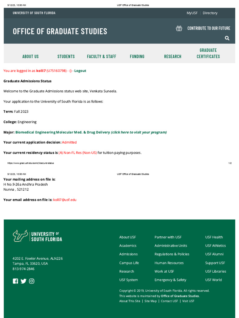 USF Graduate Admissions Status Update | PDF
