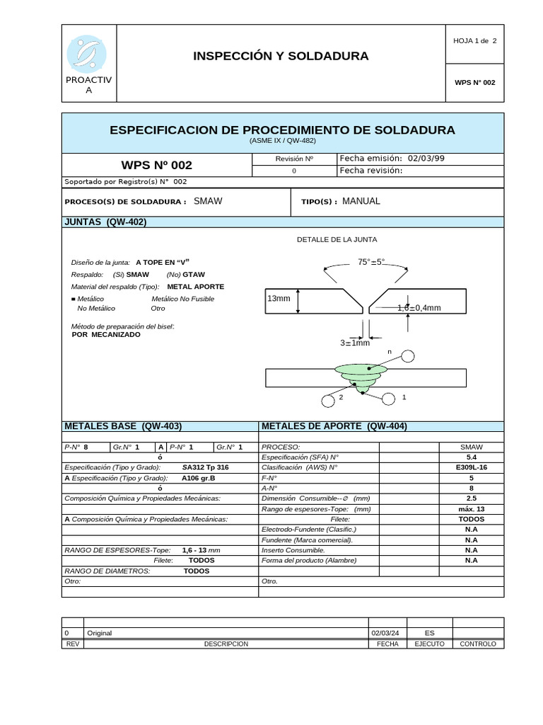 Especificación de Soldadura SMAW WPS 002 | PDF | Soldadura | Construcción
