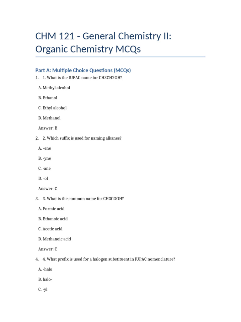 Organic Chemistry MCQs and Answers | PDF | Organic Chemistry | Chemistry