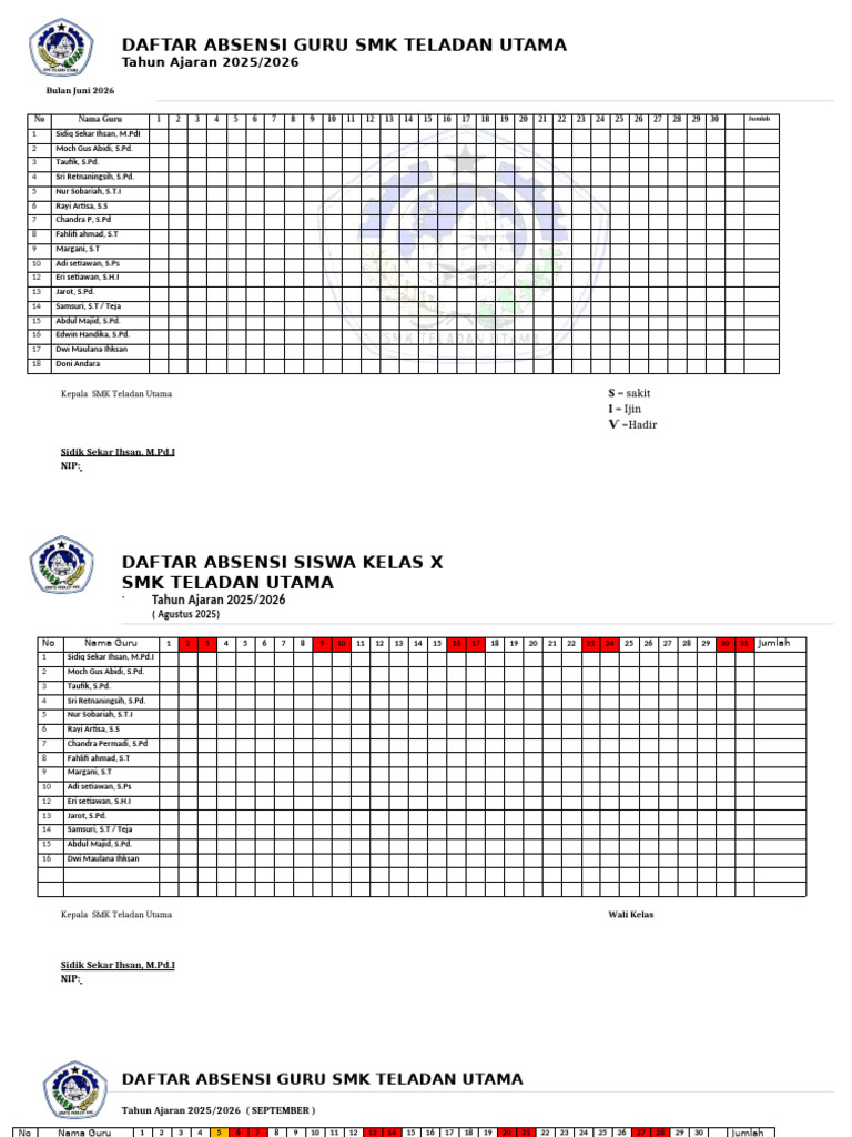 Daftar Absensi Guru SMK 2025/2026 | PDF