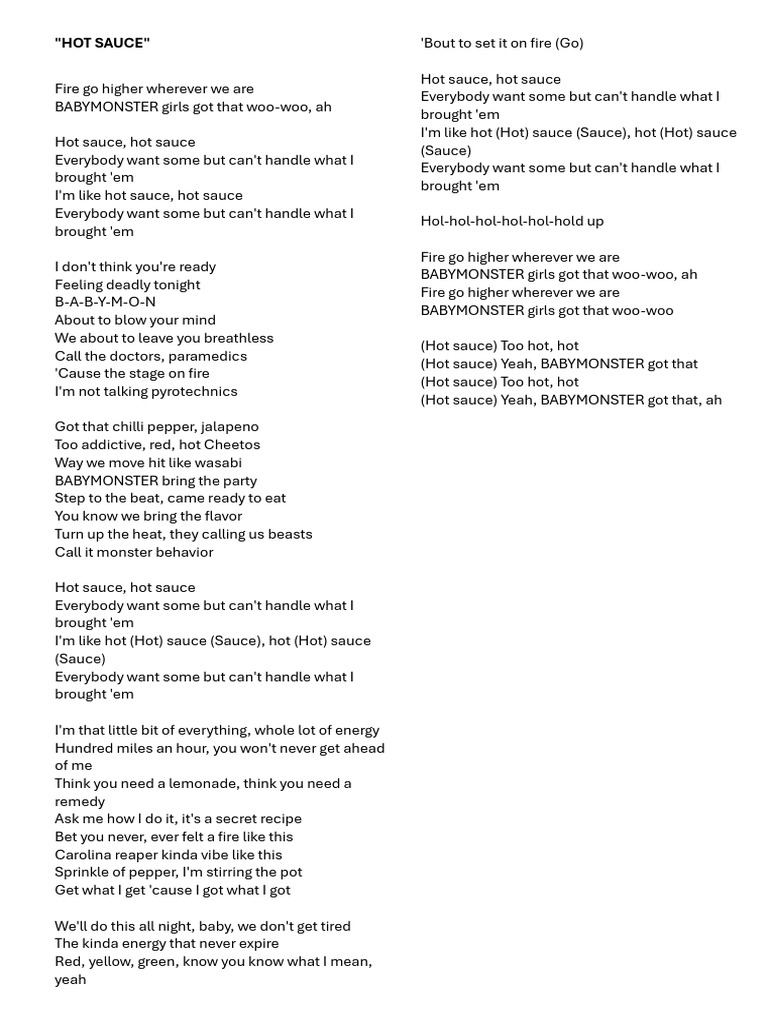 BABYMONSTER "Hot Sauce" Lyrics | PDF | Hot Sauce | Cuisine